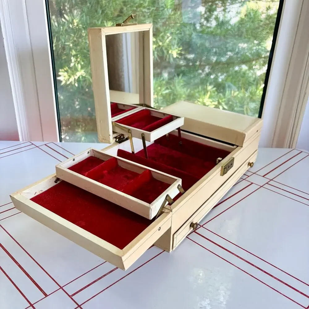 Large Vintage 1960s Cantilever Jewelry Box Red Velvet Mirror Ivory Vanity